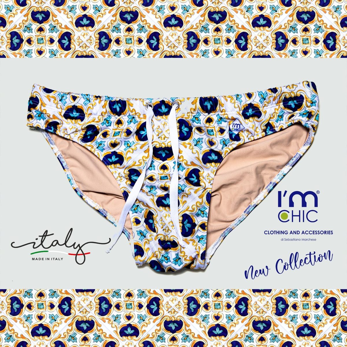 Costume da bagno uomo con stampa ispirata alle maioliche, fantasia esclusiva I'M CHIC